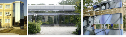 
Die ift-Gebäude als Versuchslabor – In-situ-Forschung an geklebten Verglasungen, v. l.: Erkerfassade am Neubau (1984), Wintergarten (1997) und Fahrradhalle (2007)
