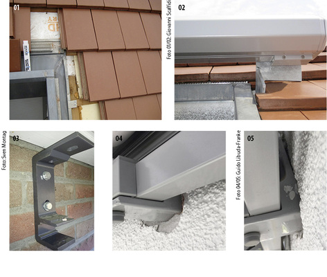 
01/02 Richtig vorbereitet stellt wie in diesem Fall die Montage einer Markise im oberen Bereich eines Dachausschnittes kein besonderes Problem dar, wenn die Statik stimmt und die Befestigungsvorschriften für Montagen an Dachsparren eingehalten werden. Werden die Abdichtungsarbeiten dann noch von einem Dachdeckerunternehmen ausgeführt, gibt es auch mit der Gewährleistung keine Probleme.







03 Eigentlich dürfte die früher klassische Montage mit Schlüsselschrauben nach DIN 571 und Kunststoffdübeln gar nicht mehr zu sehen sein, aktuelle Beispiele, wie in einer Facebookgruppe, beweisen aber das Gegenteil. 






04/05 Mangelnde bzw. fehlende Unterfütterungen bei einer Montage auf Wärmedämmverbundsystemen führen zum Einsinken der Konsole in den Putz. Feuchtigkeitssschäden treten als eine der möglichen Spätfolgen auf. 
