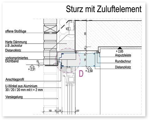 
Detail eines Fensters, das mit einem Zuluftelement ausgestattet ist.
