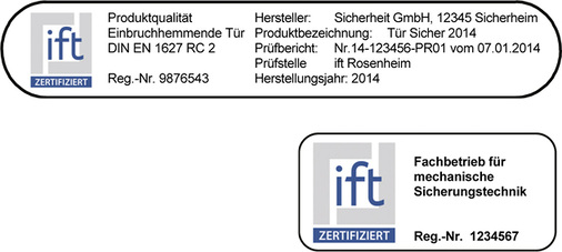 
Bild 5 Kennzeichnungsschild für ift-zertifizierte einbruchhemmende Produkte



Bild 6 Das Qualitätszeichen zertifizierter Fachbetriebe für mechanische Sicherungstechnik
