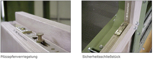 
Bild 8 Prüfanordnung für „im Falz eingelassene Nachrüstprodukte“ gemäß DIN 18104-2 mit Pilzzapfen und Schließteil
