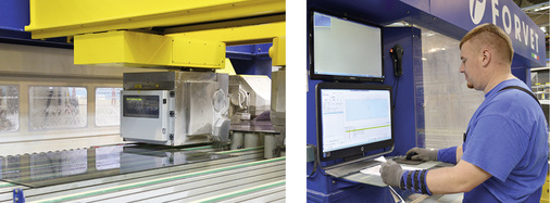 
Mit einer Barcodelesung holt sich der Maschinenführer an der Forvet CNC-Bearbeitungsmaschine (l.) die Daten der jeweiligen Scheibe auf den A+W Produktionsmonitor. 



Eine Programmierung an der Maschine entfällt, da die High-Tech Schnittstelle CAM-DXF (A+W) alle Scheiben- und Maschinenparameter bereitstellt und so die Maschine automatisch programmiert.
