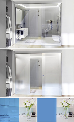 



Die Möglichkeit, Glas von blickundurchlässig auf transparent zu schalten liegt im Trend. Unter elektrischer Spannung wird das milchig-weiße Glas im Handumdrehen durchsichtig. Darüber hinaus, lassen sich jetzt auch farbige Gläser schalten (unten im Bild).
