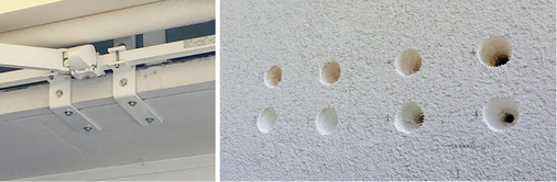 



Beide Beispiele zeigen deutlich, dass viele Befestigungslöcher nicht unbedingt eine fachgerechte Montage bedeuten. Links wurden die Randabstände, rechts die Lochabstände mehr als deutlich unterschritten.
