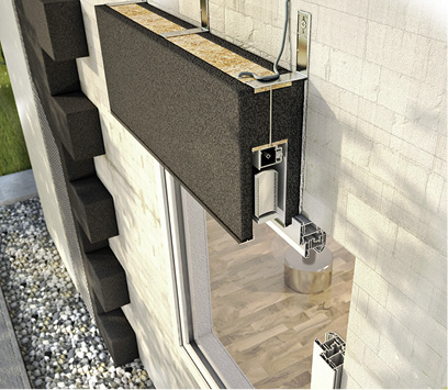 
Zur thermisch getrennten Montage wird das Jalousiekasten-Element zusätzlich zur Verklebung mit Montagewinkeln auf der oberen P7-Aussteifung und an der Massivwand verschraubt.
