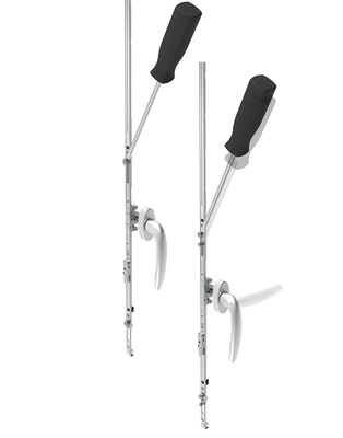 
Das selbsthemmende Getriebe mit i.S.-Sicherheitszapfen und nicht verschiebbarem Riegel hält einer Kraftweinwirkung von 300 kg stand. Im Bild rechts: Bei Krafteinwirkung ohne Selbsthemmung dreht der Griff auf.
