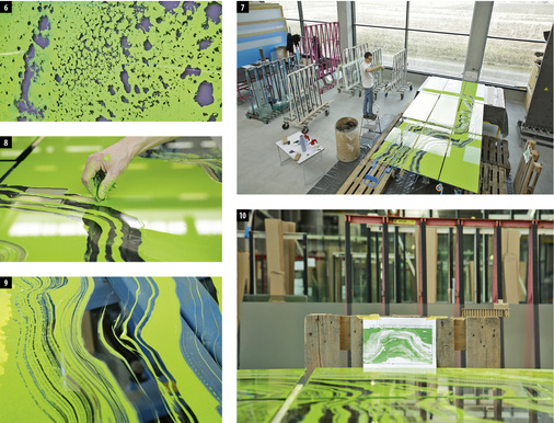 
6 Die Glasstärke zwischen den Farbebenen schafft Raum für detailreiche Schattenwürfe. | 7 Ein Blick in die Werkstatt. | 8 Im noch flüssigen Zustand bearbeitet Künstler Manuel Franke die aufgetragene Farbschicht. | 9 Hier sieht man die Struktur im Detail. | 10 Die Platten vor dem Laden auf das Gestell, inklusive Montageplan.

