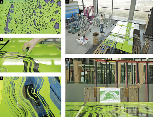 <p>
6 Die Glasstärke zwischen den Farbebenen schafft Raum für detailreiche Schattenwürfe. | 7 Ein Blick in die Werkstatt. | 8 Im noch flüssigen Zustand bearbeitet Künstler Manuel Franke die aufgetragene Farbschicht. | 9 Hier sieht man die Struktur im Detail. | 10 Die Platten vor dem Laden auf das Gestell, inklusive Montageplan.
</p>