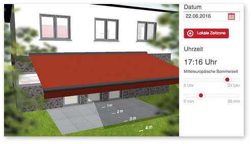 



Den Schattenverlauf unter der Markise zu visualisieren, kann auch über ein entsprechendes OnlineTool vorgenommen werden. 
