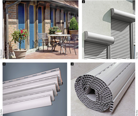 
1 Holzrollläden haben gegenüber PVC- und Aluminium-Rollläden den Vorteil, dass sie durch die individuelle Lackierung jedes Panzers farblich angepasst werden können.



2 Bei den Vorbaurollläden sind sowohl PVC- als auch Aluminumpanzer in den verschiedensten Profilgrößen im Einsatz. Die Kastenformen gehen von rund bis eckig.



3 Fast jeder Hersteller bietet ein komplettes Programm an Rollladenprofilen an, um für alle Einsatzzwecke im Bestandsgebäude oder Neubau gerüstet zu sein.



4 PVC-Panzer zeigen seit der Umstellung von Kadmium-Blei auf andere Werkstoffe vor allem bei Hitzeeinwirkung eine sinkende Formstabilität.
