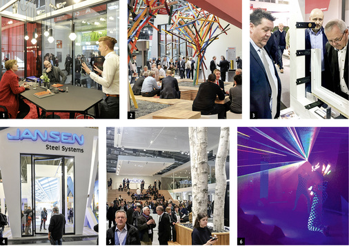 
1 feco-Feederle präsentierte Räume, die den Anforderungen einer veränderten Arbeitswelt gerecht werden. 2 Bei Wicona sollte der farbige Baum die neue Farbenvielfalt der Systeme symbolisieren 3 Auch kleine Stände, wie hier bei Foppe und Foppe, wurden z. T. stark frequentiert 4 „Groß“ war großes Thema auf der BAU – ob im Glas- oder im Fenstersystembereich 5 Der Messestand von Schüco: Der Treffpunkt in der Mitte wurde umgeben von verschiedenen Wohn- und Arbeits-Szenarien 6 Auch das gehört zur BAU: Rund um die Messe wurden die Gespräche auf den Partys – hier ein Bild vom Gutmann Event – fortgeführt.
