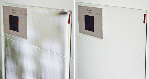 
Links ein herkömmliches ESG mit Anisotropien. Rechts eine Scheibe, die mit der GlastonAir Ofen-Technik vorgespannt wurde und die frei von Anisotropien ist.
