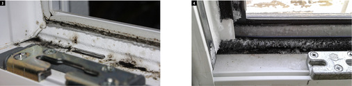 <p>
Bild 3: Kunststoff-Fenster mit innerer Überschlagsdichtung. 
</p>

<p>
Bild 4: Kleinste Fugen an der Dreh-Kipp-Schere reichten aus, um diesen Schaden entstehen zu lassen. (Die relative Luftfeuchtigkeit im Haus lag bei 41 % bei + 21 °C Zimmertemperatur)
</p>