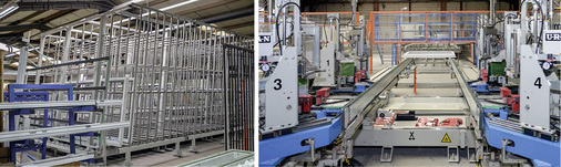 
Über Transportstrecken und Software-gesteuerte Shuttles werden die Rahmen und Flügel zwischen den Bearbeitungsstationen weiterbefördert und in intelligente Puffer verbracht. Auch das Isolierglas wird über Puffer mit eindeutigen Stellplätzen in die Verglasung eingesteuert.
