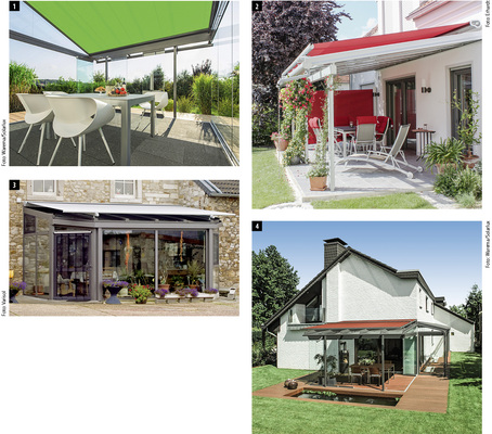 
1 Aufeinander abgestimmte Glasdächer und Beschattungsanlagen machen es dem Fachhändler wesentlich einfacher bei der Montage des Sonnenschutzes. 



2 Müssen die vorderen Posten aus konstruktiven oder örtlichen Gründen eingerückt werden, ist die Aufglas-Markise immer die bessere Beschattungslösung.



3 Bei Sonderformen des Glasdaches kann die Beschattung nur auf dem Glas stattfinden. Einrückbare Führungsschienen optimieren dabei die Beschattungsfläche.



4 Je nach Hersteller und Anlagengröße werden Windleitrollen eingesetzt, um eine höhere Windstabilität des Sonnenschutzes zu erreichen.
