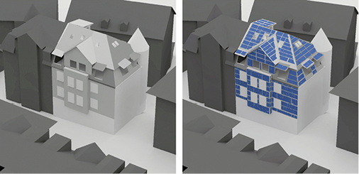 <p>
Ansicht des Gebäudes Cullmannstraße: links der Originalzustand, rechts die geplante photovoltaische Belegung
</p>