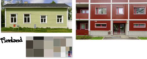 
Hier die Farbkarte sowie Gebäude aus Finnland. Gerade in den nordischen Ländern Europas sind vielfach kräftige Farben beliebt.
