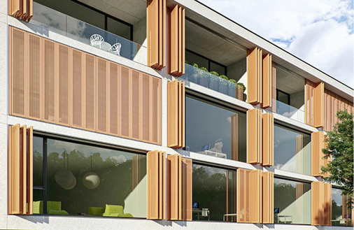 



Faltschiebeläden verschatten große Fläche und können sich geöffnet zu seitlichen Paketen zusammenfalten lassen.
