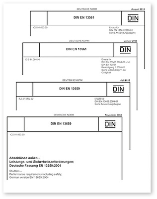 <p>
</p>

<p>
Die beiden wichtigsten Normen in der RS-Branche DIN EN 13561 und DIN EN 13659 machen zurzeit eine Hängepartie. Während die Konformitätserklärungen nach Maschinenrichtlinie über die Version 2015 erstellt werden müssen, darf bei der Leistungserklärung jeweils nur die alte Version 2004/2009 verwendet werden. 
</p> - © Auszüge DIN

