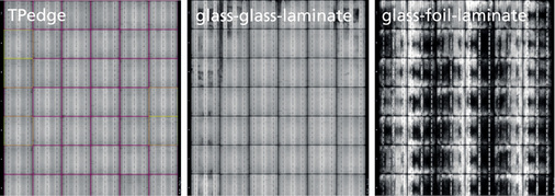 <p>
</p>

<p>
Alterungsergebnisse: Elektrolumineszenz-Aufnahmen der geprüften Module nach 4000 Stunden Feuchte-Wärme-Prüfung (85 °C, 85 % r.H.); TPedge-Modul (l.), Glas-Glas-Laminat (m.), Glas-Folie-Laminat (r.)
</p> - © Fraunhofer ISE

