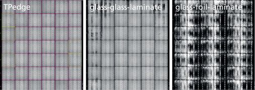 



Alterungsergebnisse: Elektrolumineszenz-Aufnahmen der geprüften Module nach 4000 Stunden Feuchte-Wärme-Prüfung (85 °C, 85 % r.H.); TPedge-Modul (l.), Glas-Glas-Laminat (m.), Glas-Folie-Laminat (r.)
