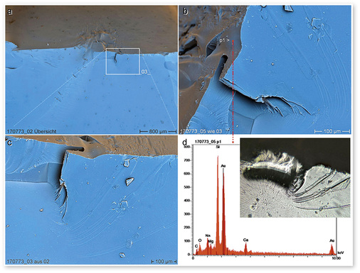 
05: Ansicht der Fehlstelle im Glas am Beginn des Bruchspiegels



