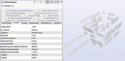 



A0-Demohaus mit dem Solibri Model Viewer dargestellt, der selektive Fokus liegt auf einem Fenster und seinen Informationen. Fotos (3): Harald Hochstaffl

