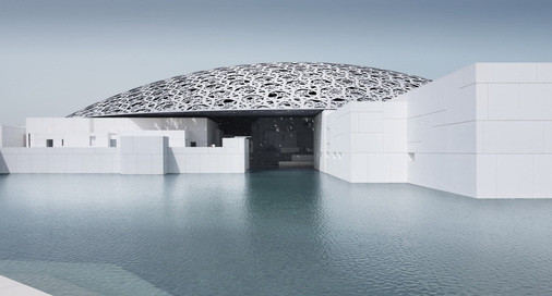 Die Kuppel des neuen Louvre in Abu Dhabi besitzt einen Durchmesser von 180 m und besteht aus acht Schichten von Stahlornamenten.