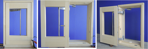 
Abb. 5: Bewegungsstudie des Dreh-Schwenkfenster mit der Parkposition des geöffneten Flügels, außen seitlich an der Wand



