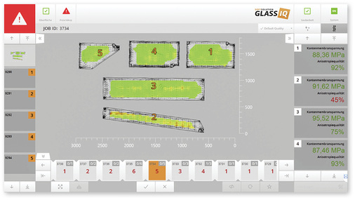 <p>
</p>

<p>
Bild 01: Die am Auslauf des Kühlbereichs im Onlineverfahren gescannten vorgespannten Gläser werden am Bildschirm dargestellt, inklusive ihrer Spannungsfelder, die hier gelb und grün dargestellt sind.
</p> - © Foto: Softsolution


