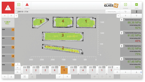 



Bild 01: Die am Auslauf des Kühlbereichs im Onlineverfahren gescannten vorgespannten Gläser werden am Bildschirm dargestellt, inklusive ihrer Spannungsfelder, die hier gelb und grün dargestellt sind.
