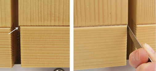 
Bild 4: Sichtbarer Versatz (links) und Messung mittels Fühlerlehre (rechts)



