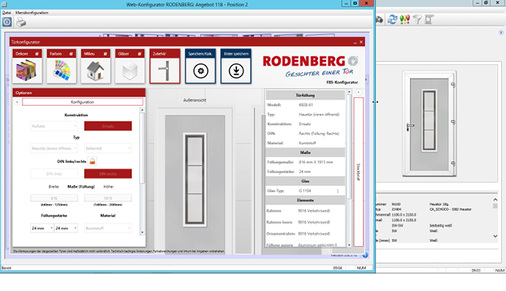 



Erfassung einer Türfüllung: Der Rodenberg-Konfigurator ist nicht nur in die ERP-Software integriert, sondern auch in die Händlerlösung und den Webshop A+W iQuote.
