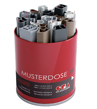 



Die Musterdose enthält zahlreiche Dichtungsmuster aus unterschiedlichen Produktkategorien.
