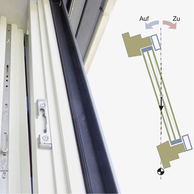 



Beispiel eines kaum noch wirksam zu kippenden Flügels. Das recht weit außen liegende Glas ist bei Kippstellung labil und lässt den – im Öffnungswinkel begrenzten – Flügel (Sicherheitsmaßnahme wegen hohem Flügelgewicht) immer wieder zufallen. Die große Rahmendicke lässt zudem keinen wirksamen Lüftungsquerschnitt im gekippten Zustand zu.
