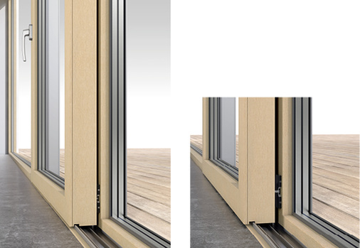 



Der Flügel wird beim Entriegeln in einer horizontalen Bewegung aus seiner Schließposition bewegt … 



… und lässt sich danach spielend einfach und ohne störende Schleifgeräusche verschieben. 
