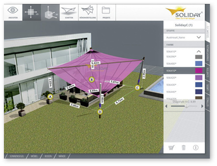 
Mit der Soliday-App kann das Sonnensegel in 3D-Projektion dargestellt werden und so den Verkauf positiv beeinflussen.



