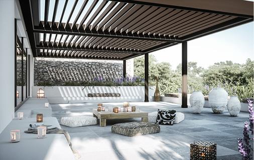 
Das Modell Ventur von Hella wurde als bioklimatische Pergola mit beweglichen Aluminiumlamellen und einem waagrechten Dach konzipiert. 



