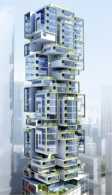 



Die Planung des Jenga Towers basiert auf einem zentralen Kernbetonbau mit einem bis zu 25 %igen Anteil an austauschbaren „Pods“. 
