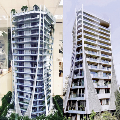 <p>
</p>

<p>
Bei dem 16-stöckigen Wohnhaus „Vasukamal“ in Mumbai hat der Werkstoff Glas an Fassade und Balkonen einen entscheidenden Anteil am Design. 
</p> - © Foto: Cybertecture

