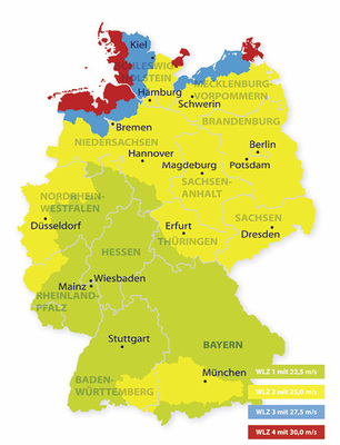 



Fenster und Türen sind bei der Bewertung der Windwiderstandsklasse (WWK) von Rollläden oder Markisen über die Windlastzonen (WLZ) als geschlossen anzunehmen.
