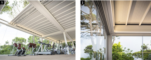 



1 Die Pergolamarkise Gennius Isola 3 wird zum Öffnen zusammengefaltet und seitlich verfahren.



2 Die textile Dachkonstruktion kann mit bis zu 5-läufigen Glasschiebetüren kombiniert werden.
