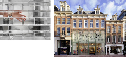 
Die Fassade des Crystal House mit dem Chanel-Store in Amsterdam wurde mit Glassteinen (oben) errichtet, sie sind eine Hommage an die benachbarten Mauerstein-Fassaden der niederländischen Metropole.



