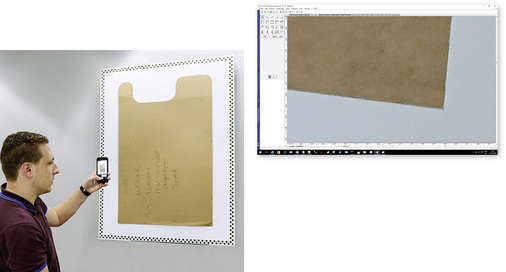 
Die Schablone (braun) wird mit einer High-End-Smartphone-Kamera fotografiert (links).



Zur weiteren Bearbeitung wird das Formular an den A+W CAD Designer übergeben (oben). Klar zu sehen: die umschreibenden Punkte am Rand der Form, die nun korrigiert und geglättet werden und schließlich die finale Kontur der Form beschreiben.



