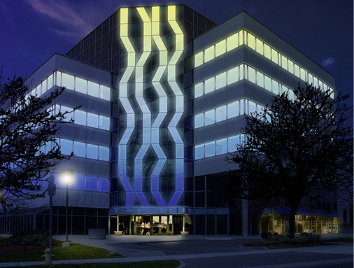 



Beim Aktivglas „Glassiled Uni“ sind RGB-LEDs unsichtbar in der Rahmenkonstruktion untergebracht, die die gleichmäßige Illumination von Teilen der Fassade ermöglichen. Am Tage sind die Scheiben optisch nicht von „normalen“ Fassadengläserm zu unterscheiden. 
