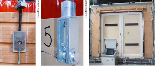 
Versuch zur Ermittlung der Tragfähigkeit der Befestigung (l.: reiner Querzugversuch, m.: Zugversuch mit Biegung des Befestigungsmittels, r.: Bauteilversuch zur Messung der Verformung mit simulierter vertikalen Nutzlast)
