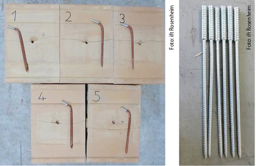 <p>
Verformung der Befestigungsmittel nach der Belastungsprüfung (l.: Kleinteilversuch, r.: Bauteilversuch)
</p>