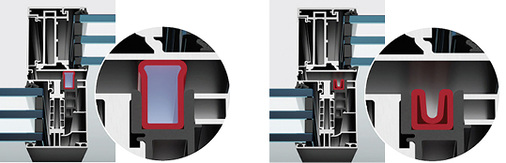 



l.: Dichtung aktiv: Per Druck auf den Taster wird im Rahmen Luft erzeugt und in die Dichtung gepumpt. Die Dichtung drückt sich dadurch an das Schieberprofil und verschließt den Spalt zwischen Schieber und festem Rahmen absolut dicht.



r.: Dichtung inaktiv: Zum Öffnen wird der Taster erneut gedrückt. Die Luft entweicht und die Dichtung geht zurück in ihre ursprüngliche, eingerollte Position.
