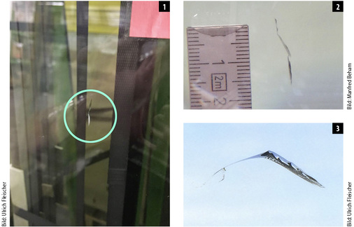 
1 Scheibe mit Wurmbruch | 2 Detailansicht und Größe des Bruchs | 3 Wurmbruch vergrößert.
