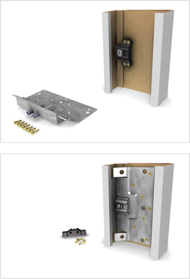 Oben die Standardzarge mit vormontierter Kunststoff-Bandaufnahme, unten die gleiche Zarge mit nachgerüsteter Stahl-Bandaufnahme, geeignet für höhere Belastungen.
